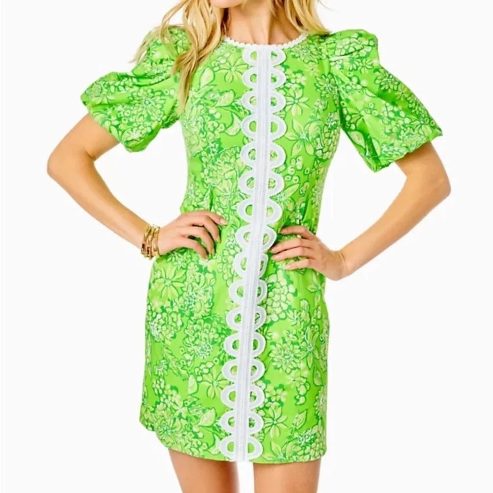 Lilly Pulitzer Alyce Shift Dress Statement Sleeve Green White Lace Dress Sz 8 z0